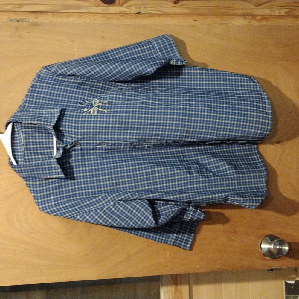 Womans Blouse Blue Yellow White Plaid w/Embroidery Three Quarter Sleeve Sz 14/XL